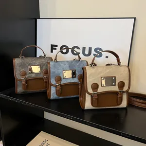 Vintage Damen Rucksack in Grau, Blau und Beige mit Lederbesatz und Metallschnallen