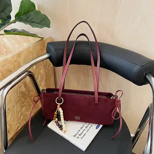 Women Faux Suede Underarm Shoulder Bag Vintage Large Capacity Baguette Bag With Wood Bead Charm Bowknot Zipper Handbag Commuter Tote