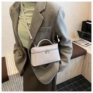 Detail of beige crocodile pattern handbag with silver hardware and box structure