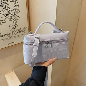 Women Fashion Crocodile Pattern PU Leather Box Bag Double Zipper Handbag Niche Shoulder Crossbody Bag Minimalist Purse