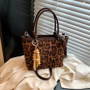 Vintage Leopard Print Suede Shoulder Bag For Women Fashion Small Bucket Tote Bag With Wood Bead Charm Daily Crossbody Bag