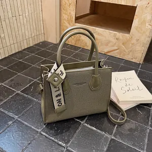 Women Fashion Woven Texture PU Leather Small Square Crossbody Bag With Ribbon Decoration Commuting Shoulder Tote Handbag