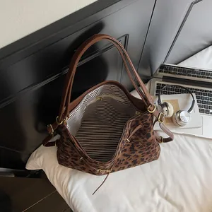 Retro leopard print tote bag for women showing spacious interior and striped lining
