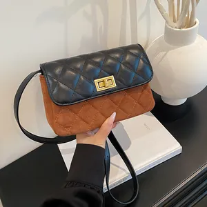 Damen Rautengesteppt Kleine Quadratische Tasche PU Leder Kontrastfarbe Wildlederoptik Goldener Drehverschluss Umhängetasche Schultertasche Vintage