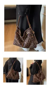 Detail view of large leopard print tote bag with brown handles and adjustable buckles