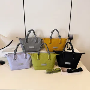 Fashionable nylon square shoulder bag with woven handle in five trendy colors