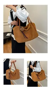 Detail of soft brown faux fur tote bag with leather strap and cute bear charm accessory