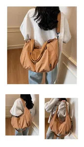 Detailed view of camel nylon dumpling bag showing side pockets and wide adjustable strap