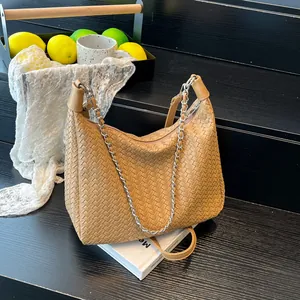 Sac Sous le Bras en Cuir PU Tissé de Grande Capacité Pour Femmes Chaîne Argentée Bandoulière Crossbody Hobo Tote Bag Sac à Main Mode