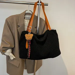 Women Fashion Plush Tote Bag Large Capacity Lamb Wool Shoulder Bag With Bear Charm Autumn Winter Soft Handbag Daily Casual Bag