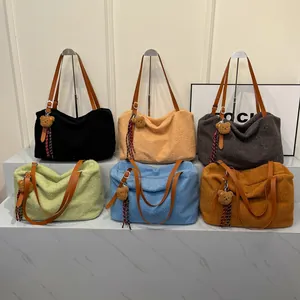 Chic plush tote bags for women in six colors with leather straps and bear charms