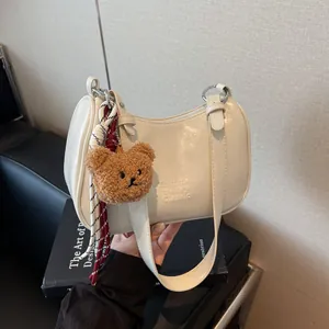 Women Retro PU Leather Underarm Bag Fashion Solid Color Shoulder Crossbody Bag With Bear Keychain Pendant Elegant Hobo Bag