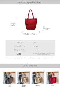 Detailed size chart and specifications for the large canvas embroidered tote bag