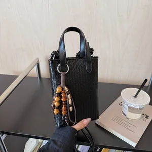 Women's Mini Woven PU Leather Crossbody Bag Small Square Mobile Phone Purse With Wooden Bead Pendant Retro Handbag