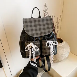 Women's Preppy PU Leather Backpack With Checkered Pattern Lace Bow Accents Fashion Korean Minimalist School Daypack For Girls