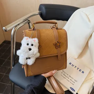 Vintage Wildleder PU Leder Patchwork Mini Rucksack Damen Gesteppt Stern Schnalle Schule Tasche Mit Plüsch Hund Anhänger Klein Reise Tasche