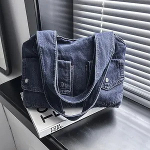 Große Denim Tote Bag Für Damen Vintage Lässige Schultertasche Mit Mehreren Taschen Gewaschene Denim Handtasche Täglich Pendeln Arbeit Reise Shopper Tasche