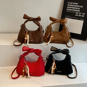Bow-knot suede dumpling bag set in dark brown red and black with beaded charm