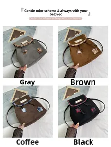 Detailed grid view of four vintage mini backpacks in grey, brown, coffee, and black tones