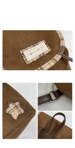 Detail view of brown faux suede backpack with star patch and Serendipity woven label