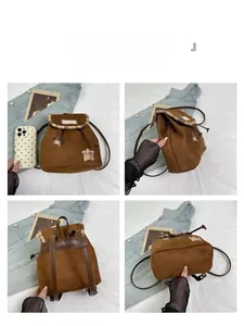 Detailed four-way view of a vintage brown mini backpack with plaid star patches and drawstrings