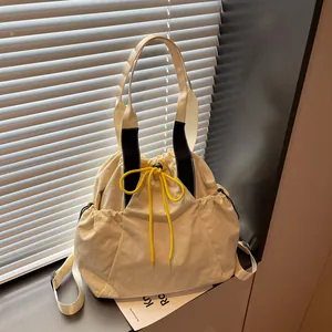 Damen Mode Nylon Kordelzug Rucksack Große Kapazität Reisen Sport Tote Tasche Kontrast Gelbe Kordel Umhängetasche Schule Lässiger Daypack
