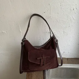 Vintage Women Suede PU Leather Underarm Bag Large Capacity Shoulder Tote Korean Fashion Commuter Handbag Wine Red Bag