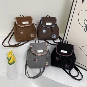 Mini vintage brown backpacks in four colors with plaid star details and drawstring closure