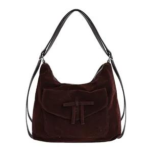 Retro dark brown suede tote bag with flap pocket and T-knot detail for women