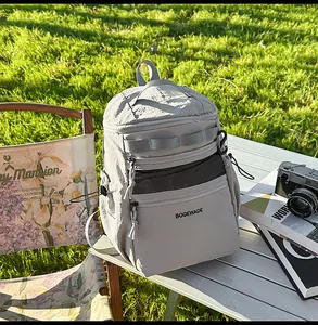 Outdoor light gray nylon backpack with functional compartments and side mesh pockets