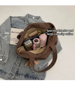 Macro view of brown corduroy tote bag interior showing large capacity and items