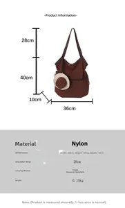 Size specifications of the dark brown nylon tote bag with 36cm width and 40cm height details