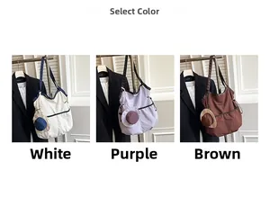 Three-panel view of large canvas tote bags in white, purple, and brown with small coin pouches