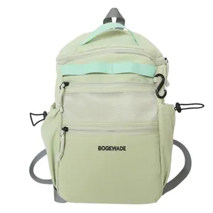 Light green multi-layer sports backpack with BOGEWADE printing and mesh pocket