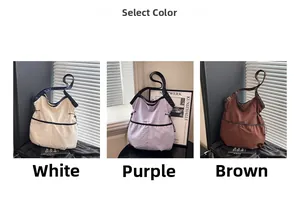 Detailed color options of large canvas tote bags in white, purple, and brown colors