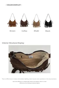 Vue détaillée du sac à bandoulière bohème à franges et de sa structure interne