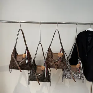 Fashionable leopard print tote bag for women in four stylish colors with bear pendant charm