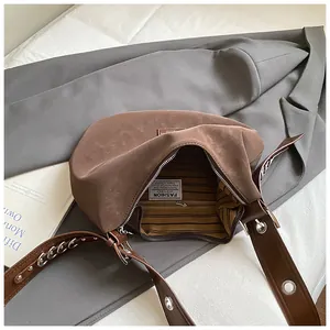 Retro frosted dark brown hobo bag with silver chain strap and half-moon silhouette
