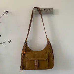 Retro Faux Suede Hobo Bag For Women Vintage PU Leather Shoulder Bag With Bead Tassel Pendant Casual Daily Tote Bag
