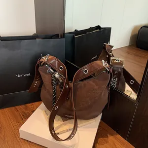 Women Korean Style Matte PU Suede Hobo Bag Vintage Half Moon Shoulder Bag With Grommet Strap Fashion Crossbody Bag