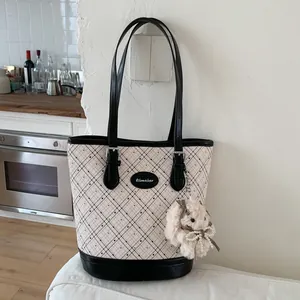 Women's Fashion Diamond Grid Print Tote Bag PU Leather Large Capacity Bucket Shoulder Bag For Daily Commuting Office