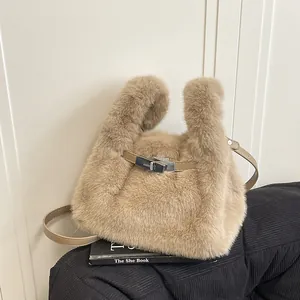 Dames Mode Pluche Emmer Tas Imitatiebont Handtas Konijnenhanger Metalen Slot Schoudertas Fashion Fuzzy Winter Tote Bag