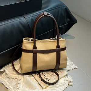 Vintage Women Tote Bag Canvas And PU Leather Splicing Large Capacity Simple Retro Shoulder Handbag For Daily Office Commuting