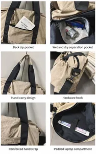 Detailansicht der khakifarbenen Reisetasche mit Trocken-Nass-Trennung und Laptopfach