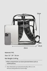 Detailed size specifications for the clear PVC backpack measuring 32x29x10cm