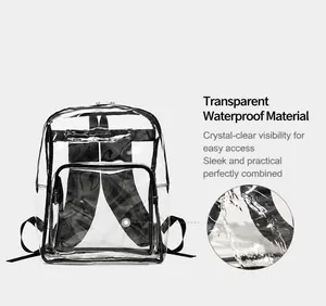 Detail of waterproof transparent PVC backpack showing water droplets on clear surface