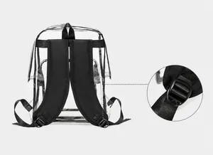 Detail of adjustable black shoulder strap buckle on clear PVC backpack with durable hardware