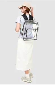 Side view of large transparent PVC backpack with black straps shown on a model