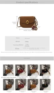 Detailed size chart for vintage PU saddle bags with precise dimensions and weights