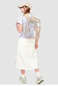 Detail view of transparent PVC backpack with beige trim showing waterproof texture and straps